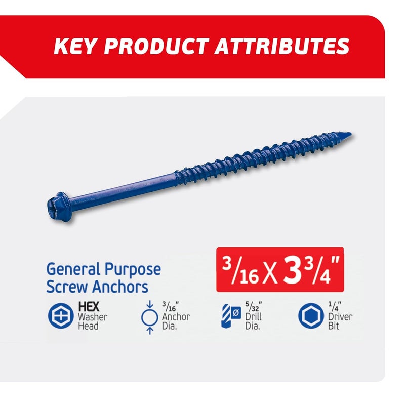 FixMaster 3/16 x 3-3/4" Hex Head Blue Concrete Screw Anchors (100 pcs Screw Kit) with one Screwdriver and Drill Bit for Concrete, Masonry, Block, Brick and Wood Fastening - Image 2